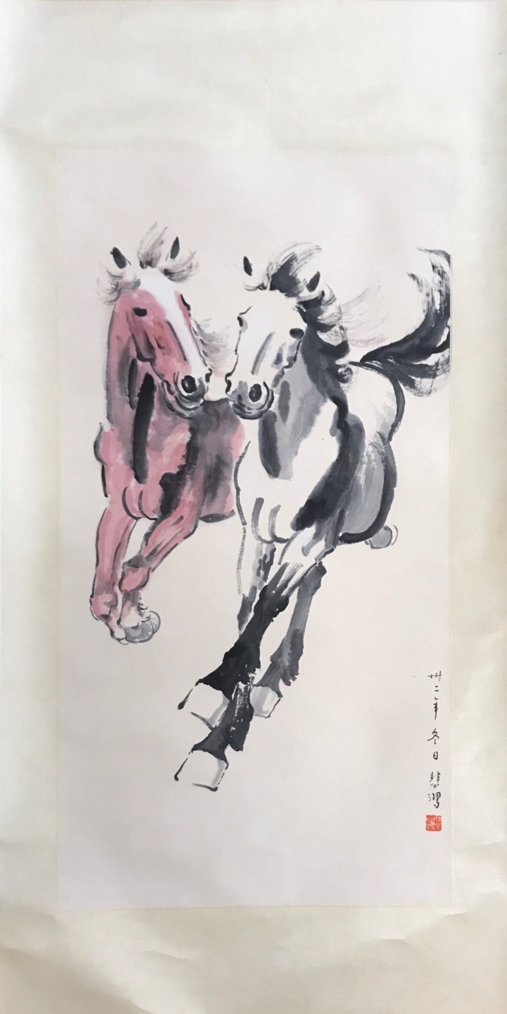 A Chinese silk mounted scroll painting of two horses, W. 63cm, L. 205cm. - Image 2 of 3