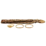 A 9ct yellow gold triple gate bracelet together with three 9ct gold rings, (O.5).