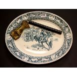 A 1920's Wedgwood meat plate with a Victorian letter clip and a round ruler, meat plate L. 42cm.