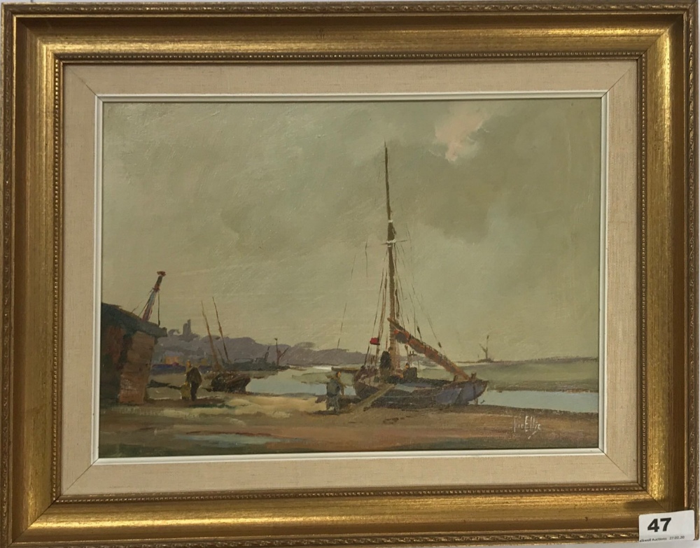 Vic Ellis (British 1921- 1983). A framed oil on board of sailing boats in Leigh on Sea dated 1982,