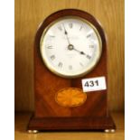 A Knight & Gibbins, London inlaid mahogany mantle clock with quartz movement, clock H. 20cm.