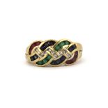 A 9ct yellow gold ring set with emeralds, sapphires, rubies and diamonds, (P.5).