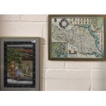 A framed Indian watercolour and a framed reproduction map of Yorkshire, watercolour framed size 39 x