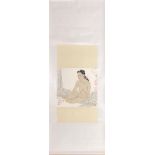 A Chinese silk mounted hand painted scroll of a young woman, W. 73cm, L. 200cm.