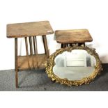 Two 1930's oak side tables and a mirror, mirror H. 63cm.