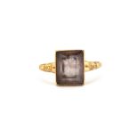 A 14ct yellow gold (stamped 14k) amethyst set ring, (M.5).
