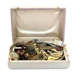 A box of mixed watches and costume jewellery.