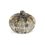 A lovely melon shaped white metal box tested minimum sterling quality silver, Dia. 5.5cm.