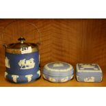A Wedgwood biscuit barrel and two other Wedgwood items.