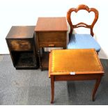 A mahogany piano stool, Victorian chair and two work boxes.