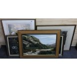 Two framed oil paintings, a watercolour and two prints, largest 57 x 69cm.