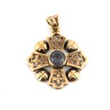 A 14ct yellow gold (stamped 14k) stone set cross pendant, L. 3cm.