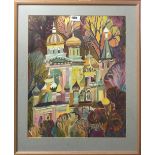 A framed Russian silk screen on silk, 52 x 64cm.