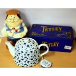 A Tetley tea tin, teapot and tea caddy.