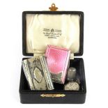 An enamelled hallmarked silver box with a silver plated snuff box, sterling silver thimble and a