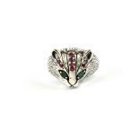 A 925 silver cat head ring set with emeralds and rubies, ear to ear 2cm.