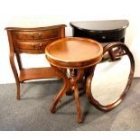 A teak bedside cabinet, circular table, mirror and painted side table.