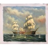 Three un-framed oils on canvas of sea battles, canvas size 70 x 59cm.