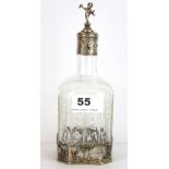 A Continental hallmarked silver mounted etched glass liquor bottle, H. 20cm.