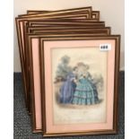 Nine framed 19th century French hand tinted fashion prints, framed size 27 x 35cm.