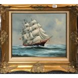 A gilt framed oil on canvas of a sailing ship, signed Lemke.