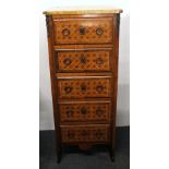 A 19th century French marble topped marquetry decorated five drawer chest, W. 45cm H. 106cm.