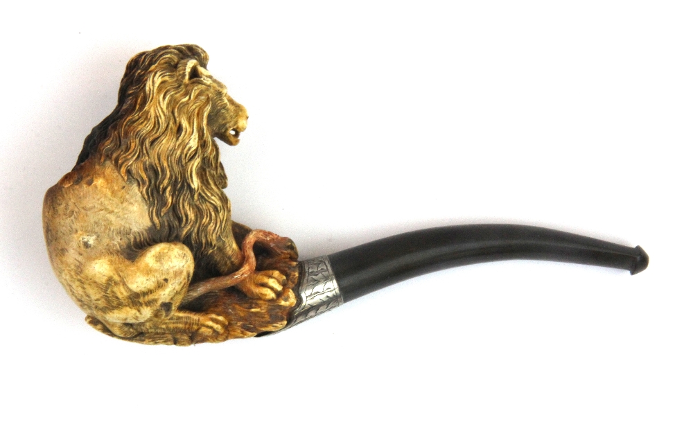A superb white metal mounted Meerschaum lion tobacco pipe, bowl H. 9cm, pipe L. 17cm. - Image 2 of 2