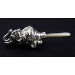 A Sterling silver and mother of pearl elephant baby rattle, L. 9.5cm.