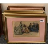Eight framed 19th century French hand tinted fashion prints, framed size 36 x 27cm.