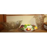 A large pressed glass vase, H. 28cm with a large pressed glass bowl and porcelain fruit bowl.