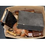 A box containing mixed tools, camera, copper kettle etc.