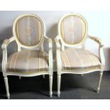 A pair of upholstered painted bedroom chairs.