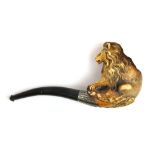 A superb white metal mounted Meerschaum lion tobacco pipe, bowl H. 9cm, pipe L. 17cm.