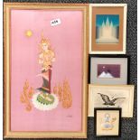 Four small framed original artworks by Arnold W G Johnson together with a Thai framed painted