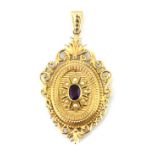 A 9ct yellow gold amethyst and seed pearl set pendant, L. 5.5cm.