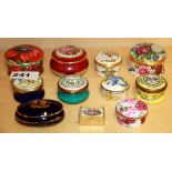 A small collection of Bilston and other enamelled and porcelain boxes, largest 6cm.