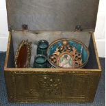 A hammered brass log box and contents including brass mirror, pair of vases, picture frame and