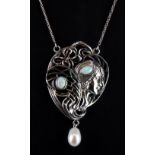 An Art Nouveau style pendant with champlevé enamel, faux opals and a cultured drop pearl, pendant L.