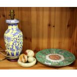 A pair of Chinese hand painted porcelain plates, lamp base and polished onyx items.
