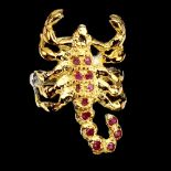 A 925 silver gilt scorpion shaped ring set with round cut rubies, (P).