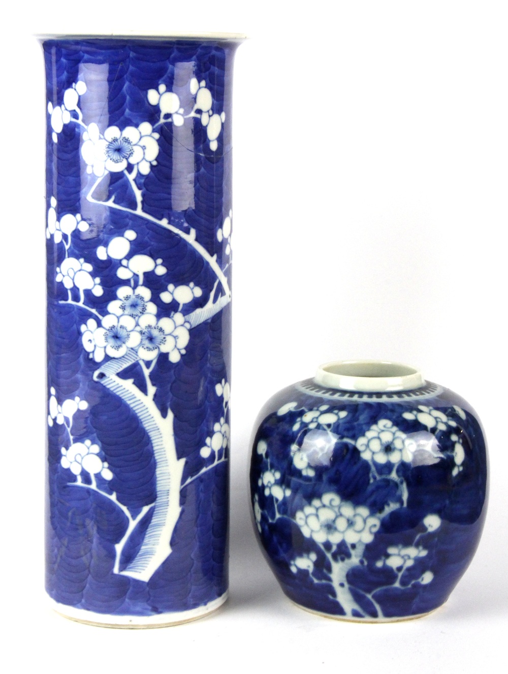 A 19th Century Chinese hand painted porcelain cylinder vase (A/F), H. 30cm, together with a prunus