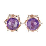 A pair of 925 silver rose gold gilt earrings set with faceted cut amethysts and white stones, L. 1.