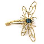 A 9ct yellow gold dragonfly shaped brooch set with a London blue topaz and diamond set eyes, L.
