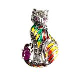 A 925 silver and marcasite enamelled cat shaped brooch set with rubies, L. 4cm.