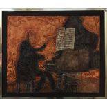 Bernard Rooke. An unusual large framed Studio pottery wall panel of a pianist, 94 x 79cm.