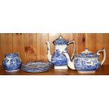 A Spode Italian pattern tea pot, coffee pot, milk jug and five plates.