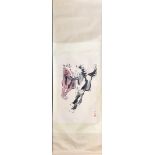 A Chinese silk mounted scroll painting of two horses, W. 63cm, L. 205cm.