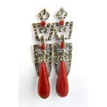 A pair of 925 silver Art Deco style, marcasite and coral earrings, L. 5cm.