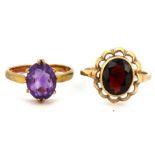 A 9ct yellow gold amethyst set ring together with a 9ct gold smokey quartz set ring, (P & P.5).