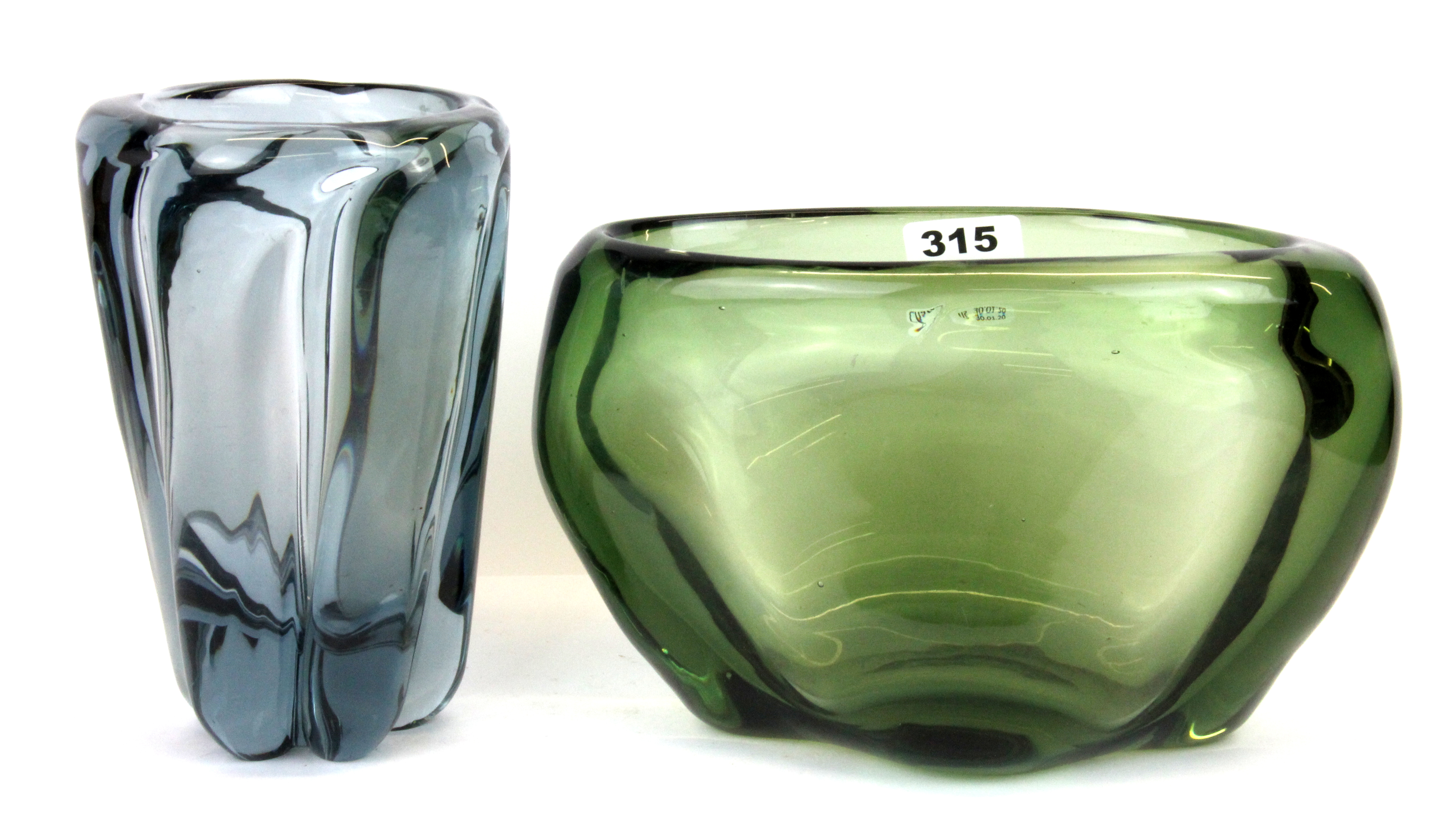 Two Whitefriars glass vases, tallest 20cm.